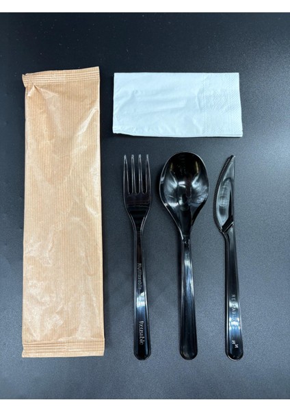 Eko Lüks 4'lü Siyah Set Kraft Paketleme (Kaşık,çatal,bıçak,peçete) 50'li Paket