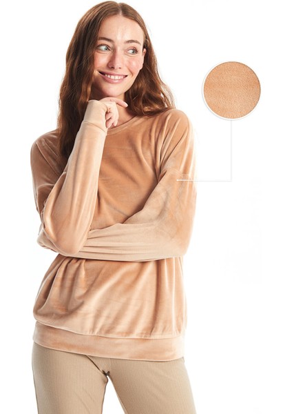 Yeni Sezon Bisiklet Yaka Düz Uzun Kollu Kadın Pijama Üst