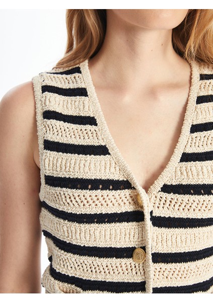 Yeni Sezon V Yaka Çizgili Kadın Triko Yelek modelleri