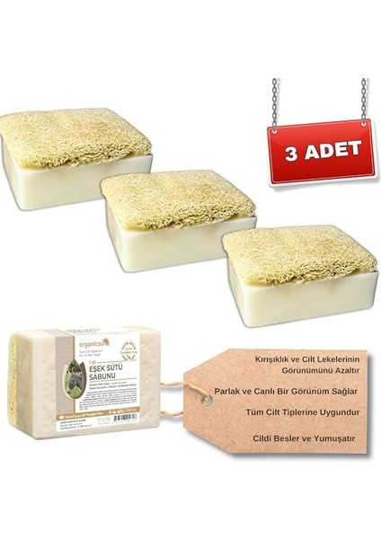 Organicsun Doğal Kabak Lifli Eşek Sütü Sabunu 120 gr x 3 Adet Tüm Cilt Tipleri Için Kırışıklık ve Yaşlanma Karşıtı B ve E Vitaminli