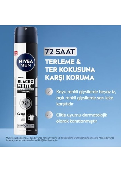 Nıvea Men Erkek Sprey Deodorant Black&white Invisible Original 200ML, 72 Saat Anti-Perspirant, X3 Adet, Avantajlı Set modelleri