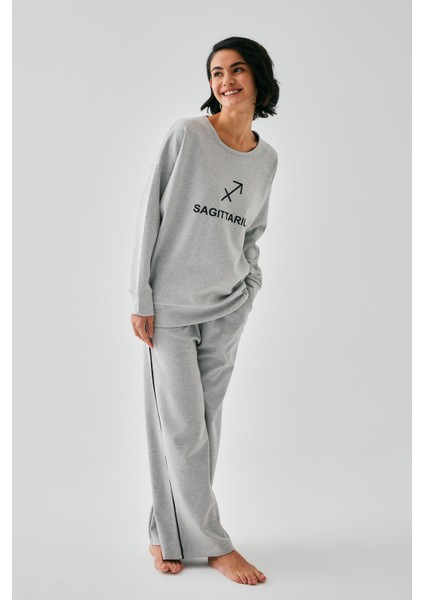 Kadın Gri Yay Burcu Oversize 2 Iplik Eşofman Ev Giyim Takımı