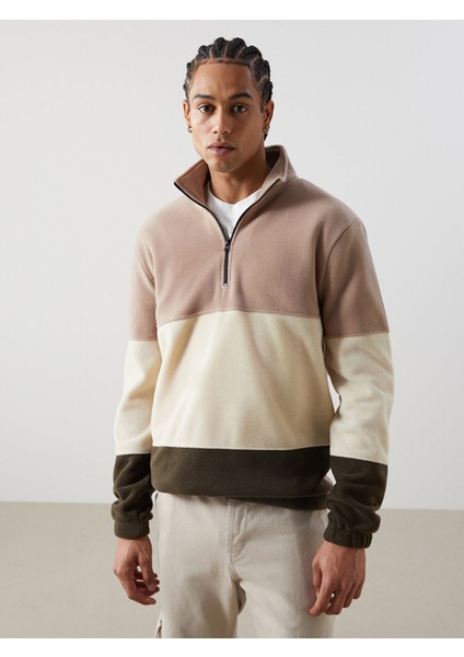 Yeni Sezon Dik Yaka Uzun Kollu Renk Bloklu Polar Erkek Sweatshirt