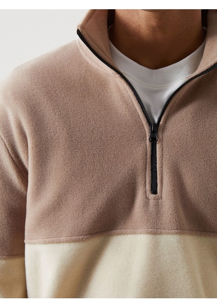 Yeni Sezon Dik Yaka Uzun Kollu Renk Bloklu Polar Erkek Sweatshirt modelleri