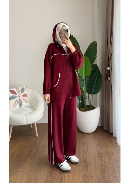 Kadın Biye ve Kapüşonlu Fermuar Detaylı Tesettür Eşofman Takım M251077 - Bordo fiyatları