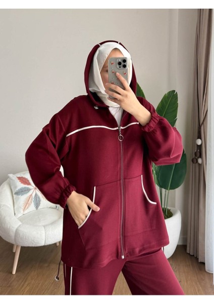 Kadın Biye ve Kapüşonlu Fermuar Detaylı Tesettür Eşofman Takım M251077 - Bordo modelleri