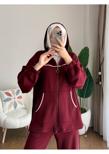 Kadın Biye ve Kapüşonlu Fermuar Detaylı Tesettür Eşofman Takım M251077 - Bordo fırsatları