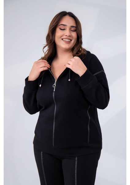 Kadın Büyük Beden Grogrenli-Fermuarlı Kapşonlu Siyah Sweat