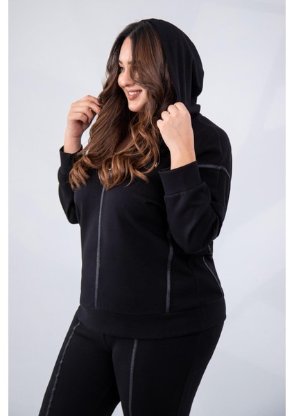 Kadın Büyük Beden Grogrenli-Fermuarlı Kapşonlu Siyah Sweat fiyatları