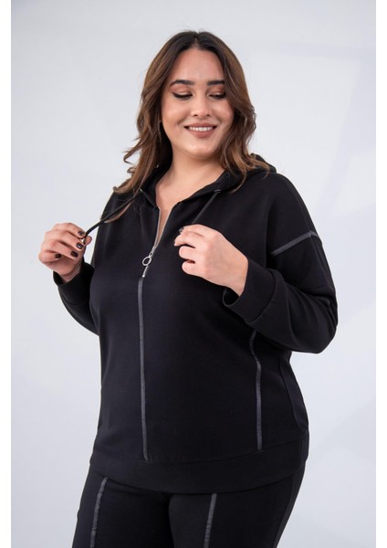 Kadın Büyük Beden Grogrenli-Fermuarlı Kapşonlu Siyah Sweat modelleri