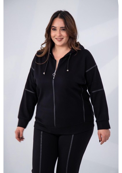 Kadın Büyük Beden Grogrenli-Fermuarlı Kapşonlu Siyah Sweat fırsatları
