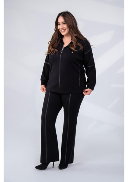 Kadın Büyük Beden Grogrenli-Fermuarlı Kapşonlu Siyah Sweat indirimleri