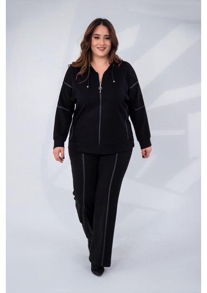 Kadın Büyük Beden Grogrenli-Fermuarlı Kapşonlu Siyah Sweat