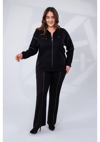 Kadın Büyük Beden Grogrenli-Fermuarlı Kapşonlu Siyah Sweat