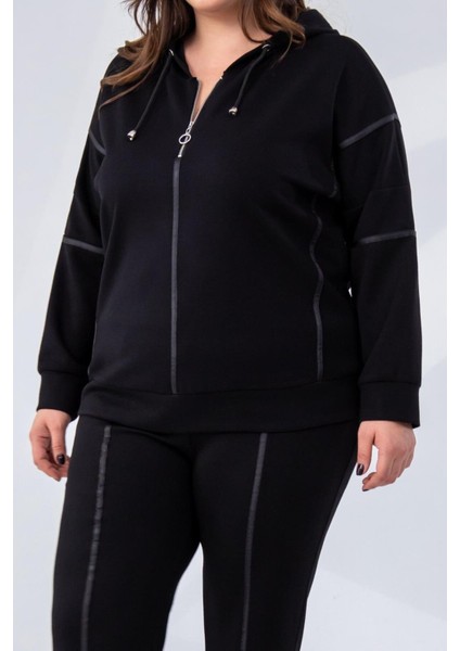 Kadın Büyük Beden Grogrenli-Fermuarlı Kapşonlu Siyah Sweat