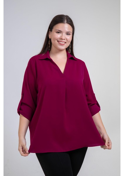 Kadın Büyük Beden V Gömlek Yaka Mor Bluz