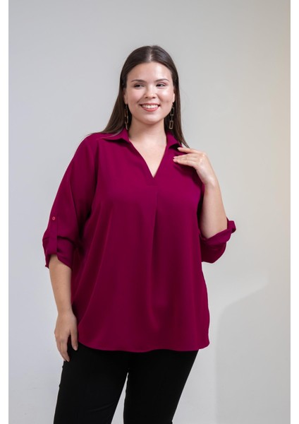 Kadın Büyük Beden V Gömlek Yaka Mor Bluz fırsatları