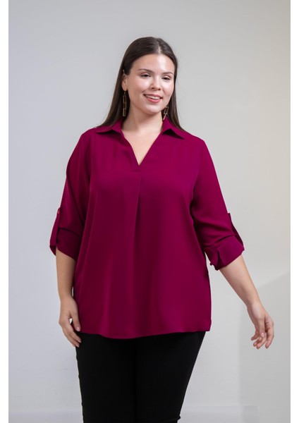 Kadın Büyük Beden V Gömlek Yaka Mor Bluz