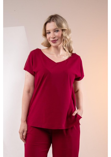 Kadın Büyük Beden Fermuar Detaylı Bordo Bluz