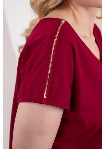 Kadın Büyük Beden Fermuar Detaylı Bordo Bluz modelleri