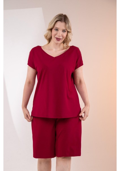 Kadın Büyük Beden Fermuar Detaylı Bordo Bluz