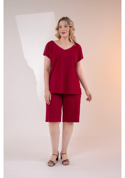 Kadın Büyük Beden Fermuar Detaylı Bordo Bluz