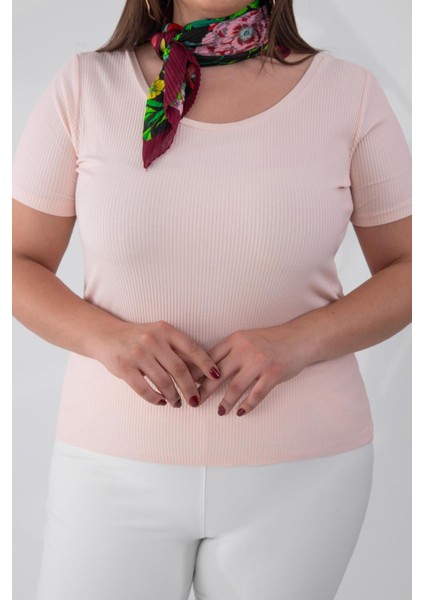 Kadın Büyük Beden Geniş Yaka Basıc Somon Bluz