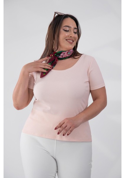 Kadın Büyük Beden Geniş Yaka Basıc Somon Bluz
