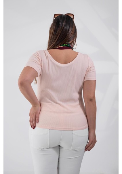 Kadın Büyük Beden Geniş Yaka Basıc Somon Bluz