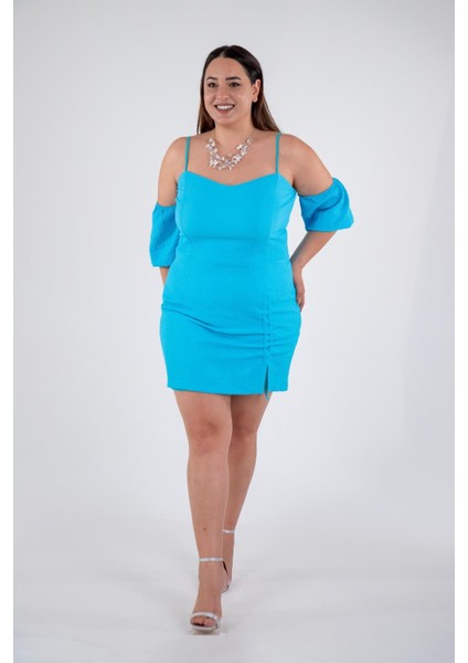 Kadın Büyük Beden Yaka- Kol Detaylı Turkuaz Elbise