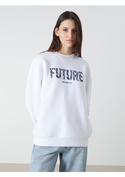 Yeni Sezon Bisiklet Yaka Baskılı Oversize Kadın Kalın Sweatshirt