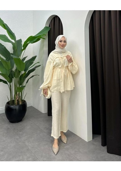 Kadın Önden Bağlamalı Büzgülü Takım M41275 - Bej