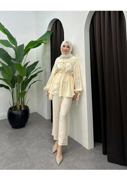 Kadın Önden Bağlamalı Büzgülü Takım M41275 - Bej fiyatları