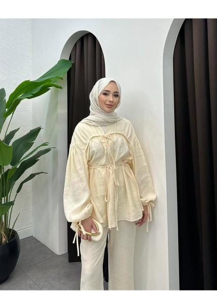 Kadın Önden Bağlamalı Büzgülü Takım M41275 - Bej modelleri