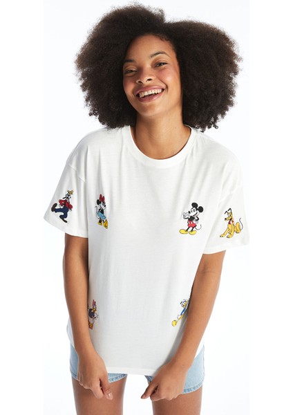 Yeni Sezon Bisiklet Yaka Mickey ve Arkadaşları Baskılı Kadın Tişört
