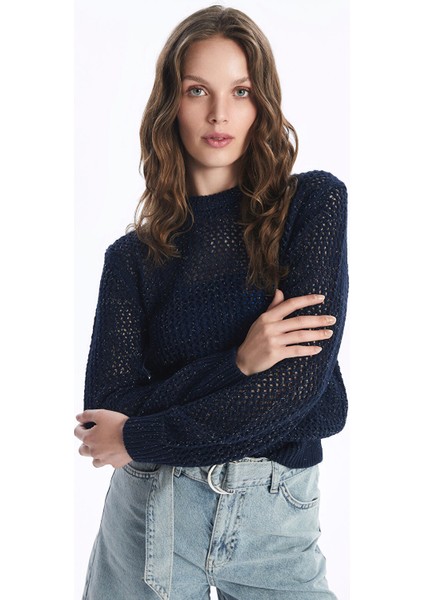 Yeni Sezon Bisiklet Yaka Ajurlu Uzun Kollu Kadın Triko Kazak