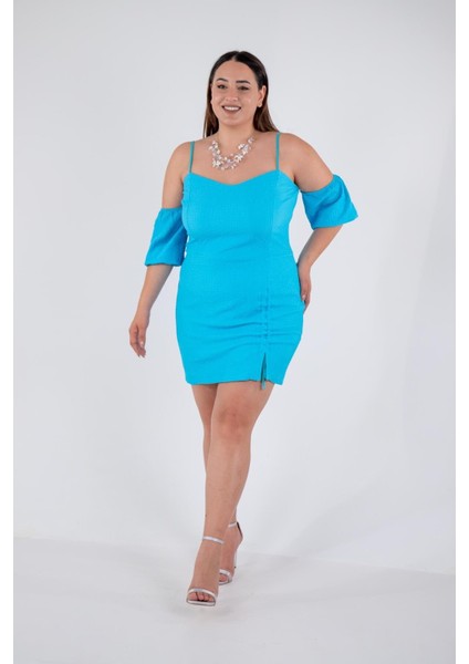 Kadın Büyük Beden Yaka- Kol Detaylı Turkuaz Elbise fiyatları