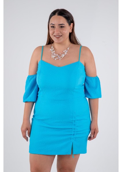 Kadın Büyük Beden Yaka- Kol Detaylı Turkuaz Elbise modelleri