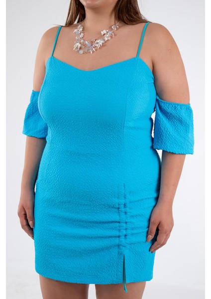 Kadın Büyük Beden Yaka- Kol Detaylı Turkuaz Elbise fırsatları