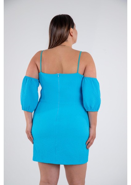 Kadın Büyük Beden Yaka- Kol Detaylı Turkuaz Elbise indirimleri