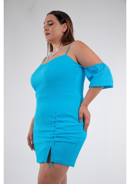 Kadın Büyük Beden Yaka- Kol Detaylı Turkuaz Elbise