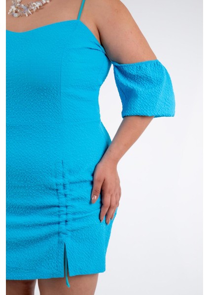 Kadın Büyük Beden Yaka- Kol Detaylı Turkuaz Elbise