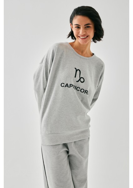 Kadın Gri Oğlak Burcu Oversize 2 Iplik Eşofman Ev Giyim Takımı fiyatları