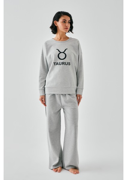 Kadın Gri Boğa Burcu Oversize 2 Iplik Eşofman Ev Giyim Takımı