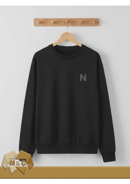 Kişiye Özel Parlak Taş Harf Işlemeli Siyah Uzun Kollu Iki Iplik Sweatshirt-Genç Teenage modelleri