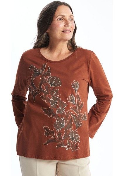 Yeni Sezon Bisiklet Yaka Baskılı Uzun Kollu Kadın Tişört