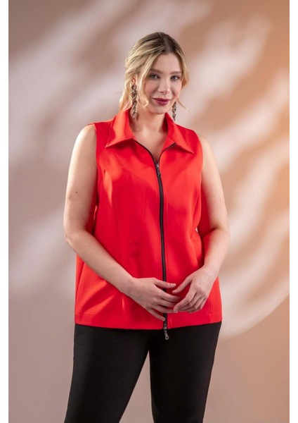 Kadın Büyük Beden Fermuarlı Kolsuz Turuncu Yelek