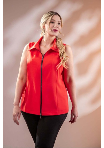 Kadın Büyük Beden Fermuarlı Kolsuz Turuncu Yelek fiyatları