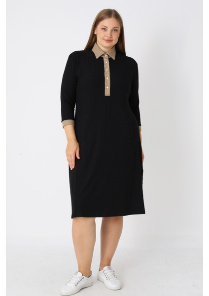 Siyah Desenli Truvakar Kollu Düğmeli Jakarlı Kumaş Kadın Büyük Beden Elbise