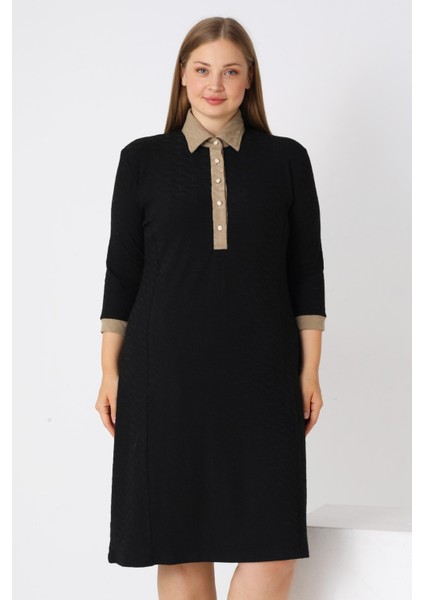 Siyah Desenli Truvakar Kollu Düğmeli Jakarlı Kumaş Kadın Büyük Beden Elbise fiyatları